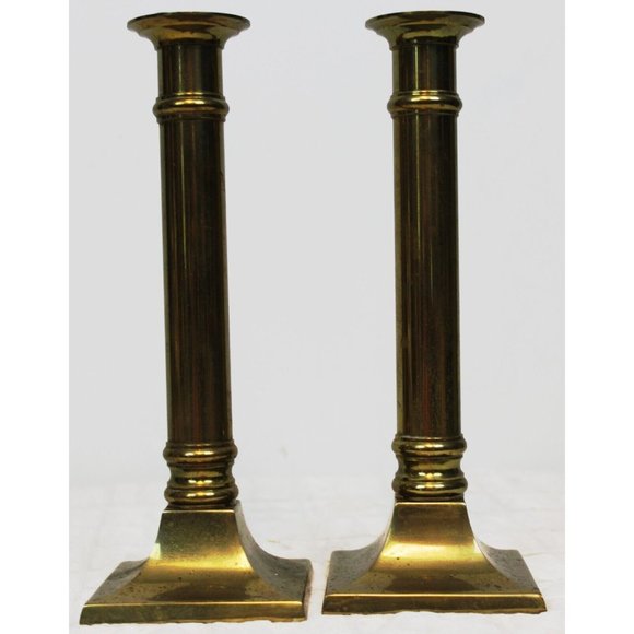 Vtg Decorative Crafts Tall 8.5'' Brass Taper Candlesticks Holders Square Columns - Picture 3 of 8